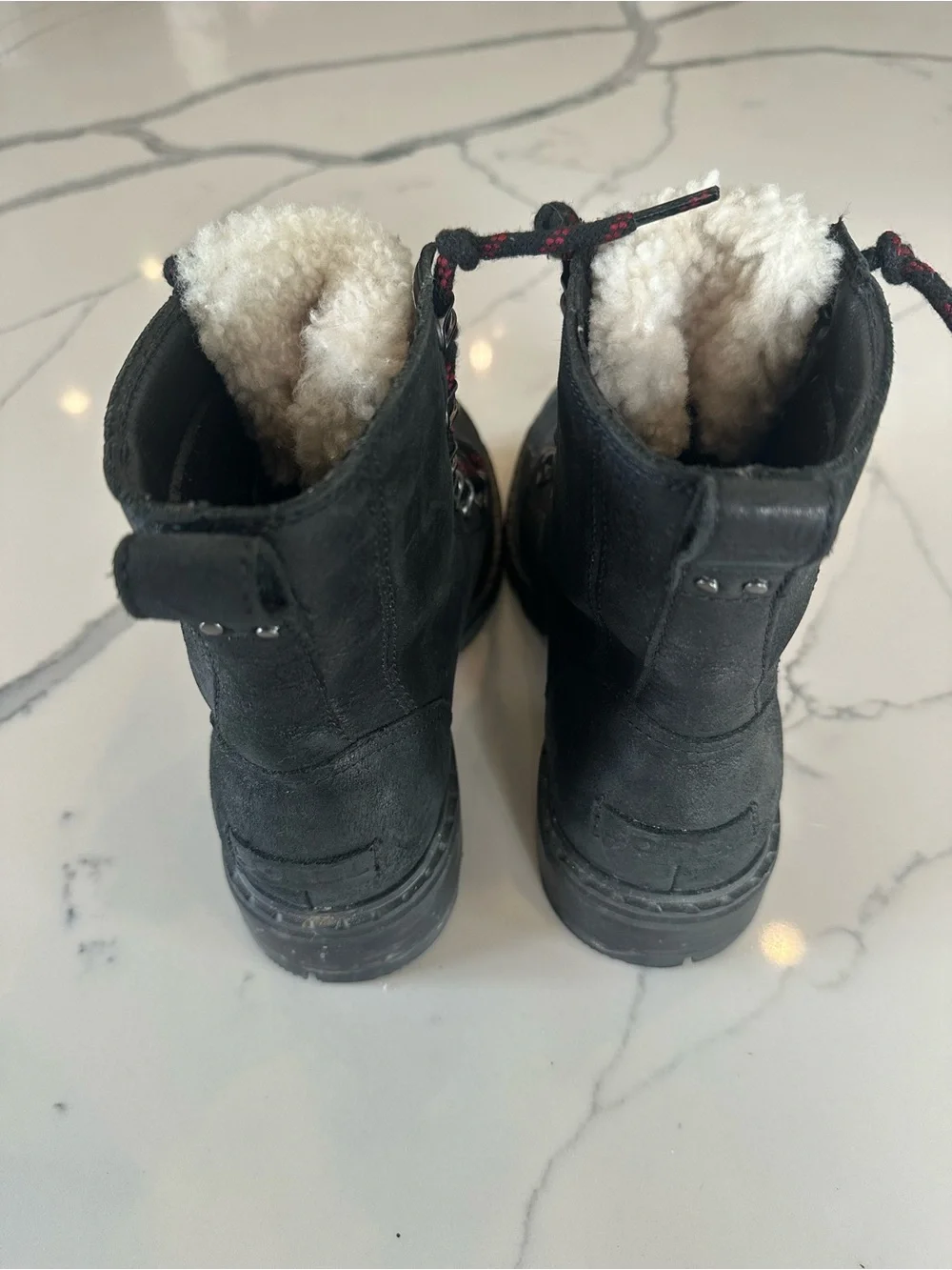 Sorel Black Boots with White Shearling and Red-Accent Laces